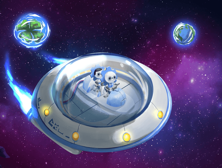 Illustration for the Up in the Sky podcast with a spaceship and starry sky